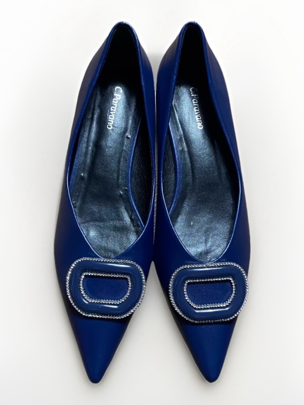 C. Paravano Women’s Navy Leather Pointed Toe Slip On Dress Heel Shoes 41 10-10.5